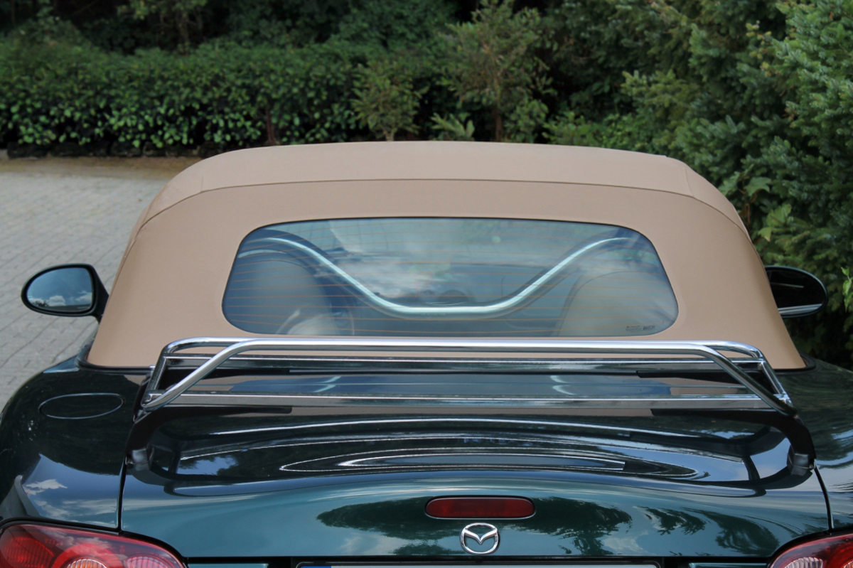 Mazda MX 5 Verdeck 1 teilig schwarz mit Glas-Fenster Cabriodach, Schwarz-Grün, Kofferraumträger, Rückseite Auto, Mazda